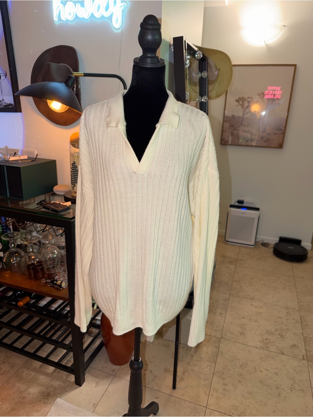 Imanimo Cream Ribbed V-Neck Collared Sweater Oversized